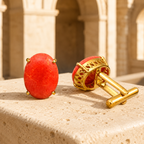 Synthetic Coral Red Cabochon Stone Gold Plated Brass Cufflinks for Men