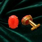 Synthetic Coral Red Cabochon Stone Gold Plated Brass Cufflinks for Men