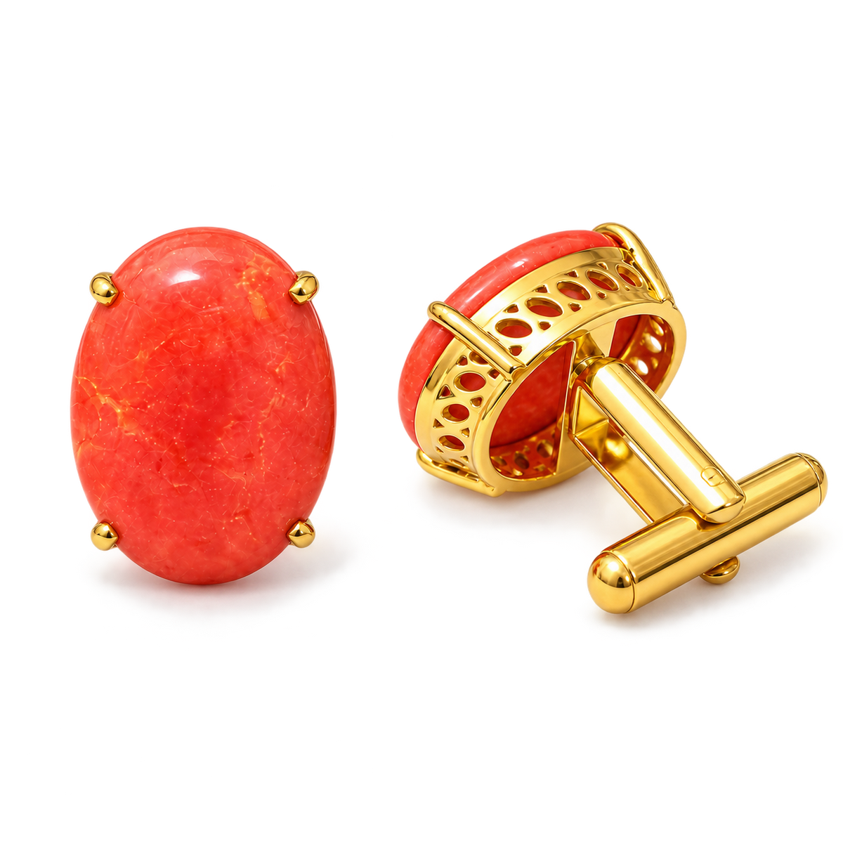 Synthetic Coral Red Cabochon Stone Gold Plated Brass Cufflinks for Men