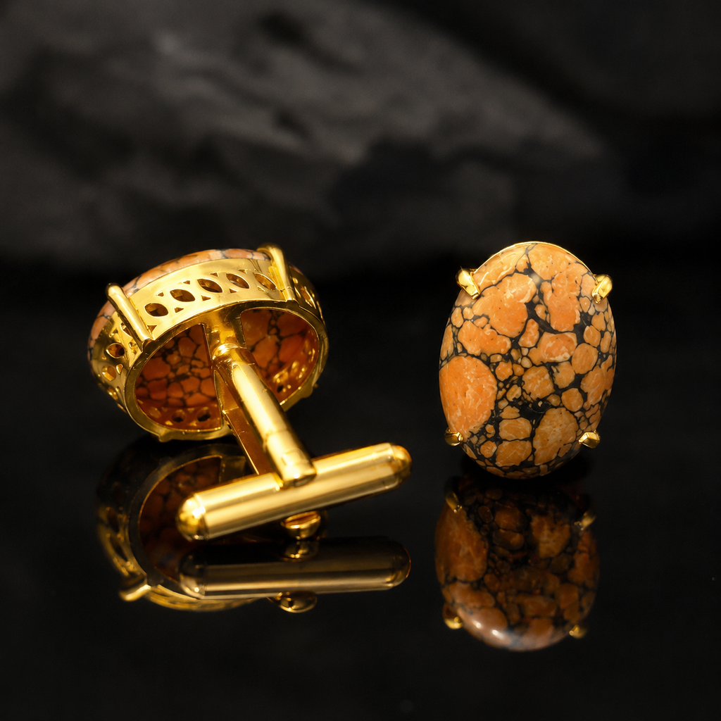 Synthetic Orange Black Matrix Stone Gold Plated Brass Cufflinks for Men