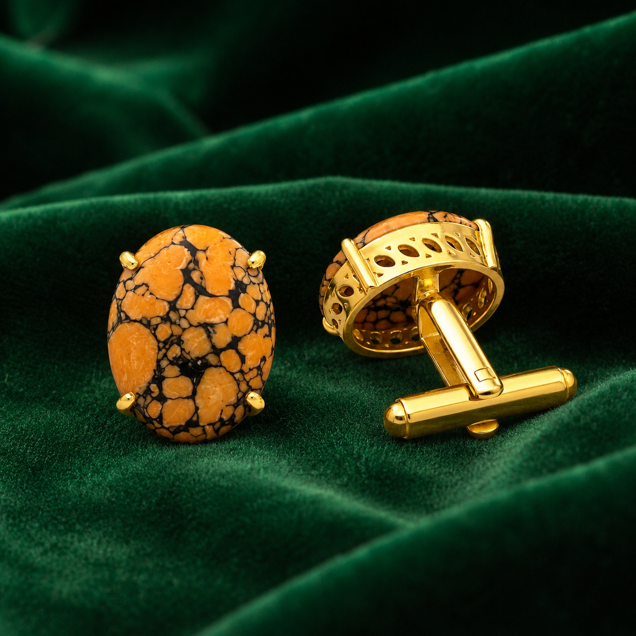 Synthetic Orange Black Matrix Stone Gold Plated Brass Cufflinks for Men