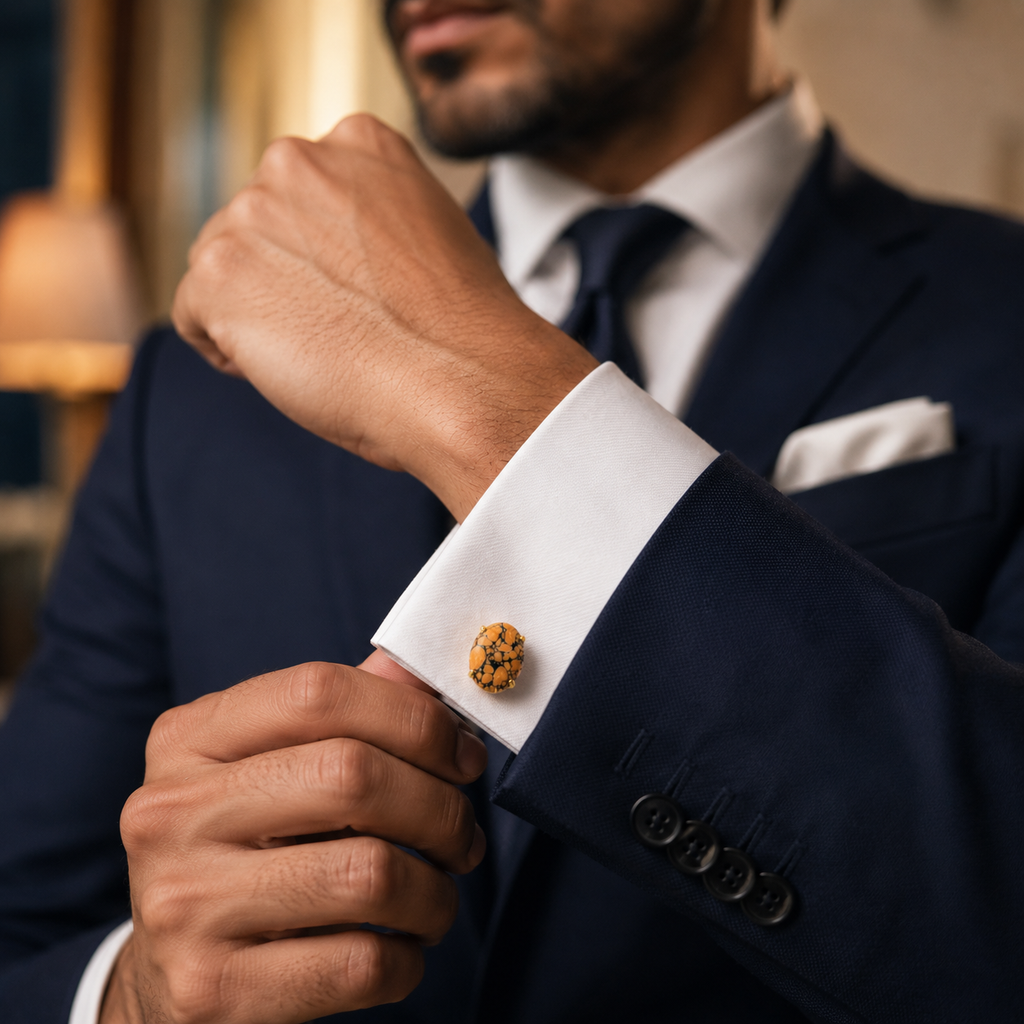 Synthetic Orange Black Matrix Stone Gold Plated Brass Cufflinks for Men