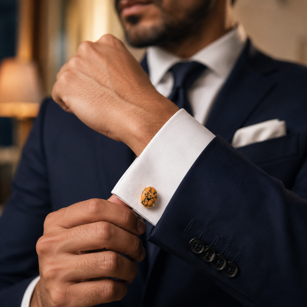 Synthetic Orange Black Matrix Stone Gold Plated Brass Cufflinks for Men
