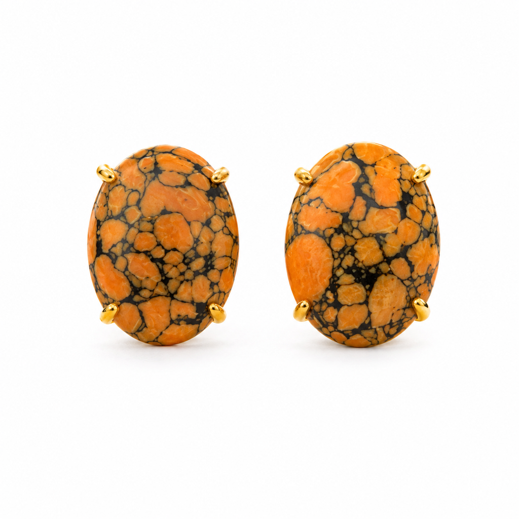 Synthetic Orange Black Matrix Stone Gold Plated Brass Cufflinks for Men