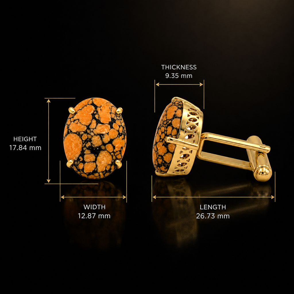 Synthetic Orange Black Matrix Stone Gold Plated Brass Cufflinks for Men