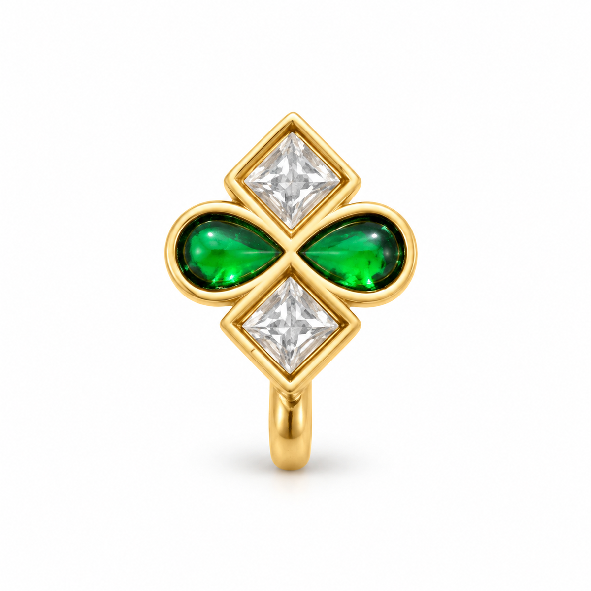 Gold Plated Brass Green & White Stone Floral Clip-On Nose Pin