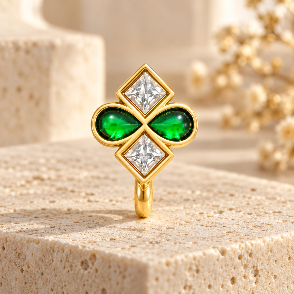Gold Plated Brass Green & White Stone Floral Clip-On Nose Pin