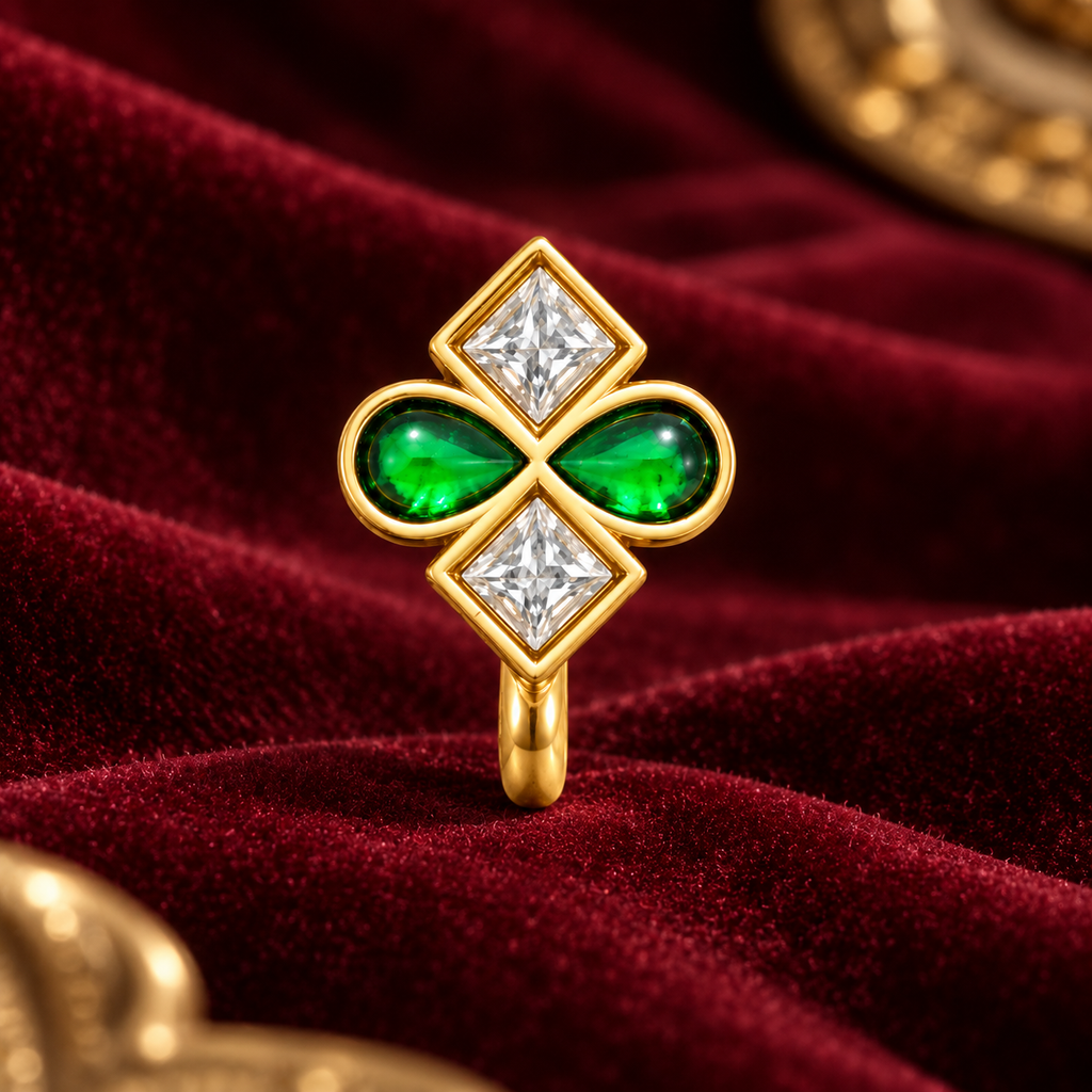 Gold Plated Brass Green & White Stone Floral Clip-On Nose Pin