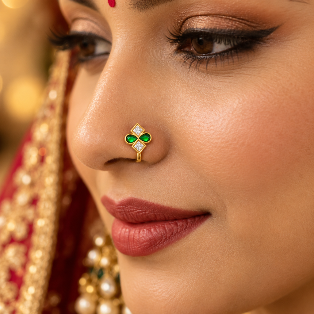 Gold Plated Brass Green & White Stone Floral Clip-On Nose Pin