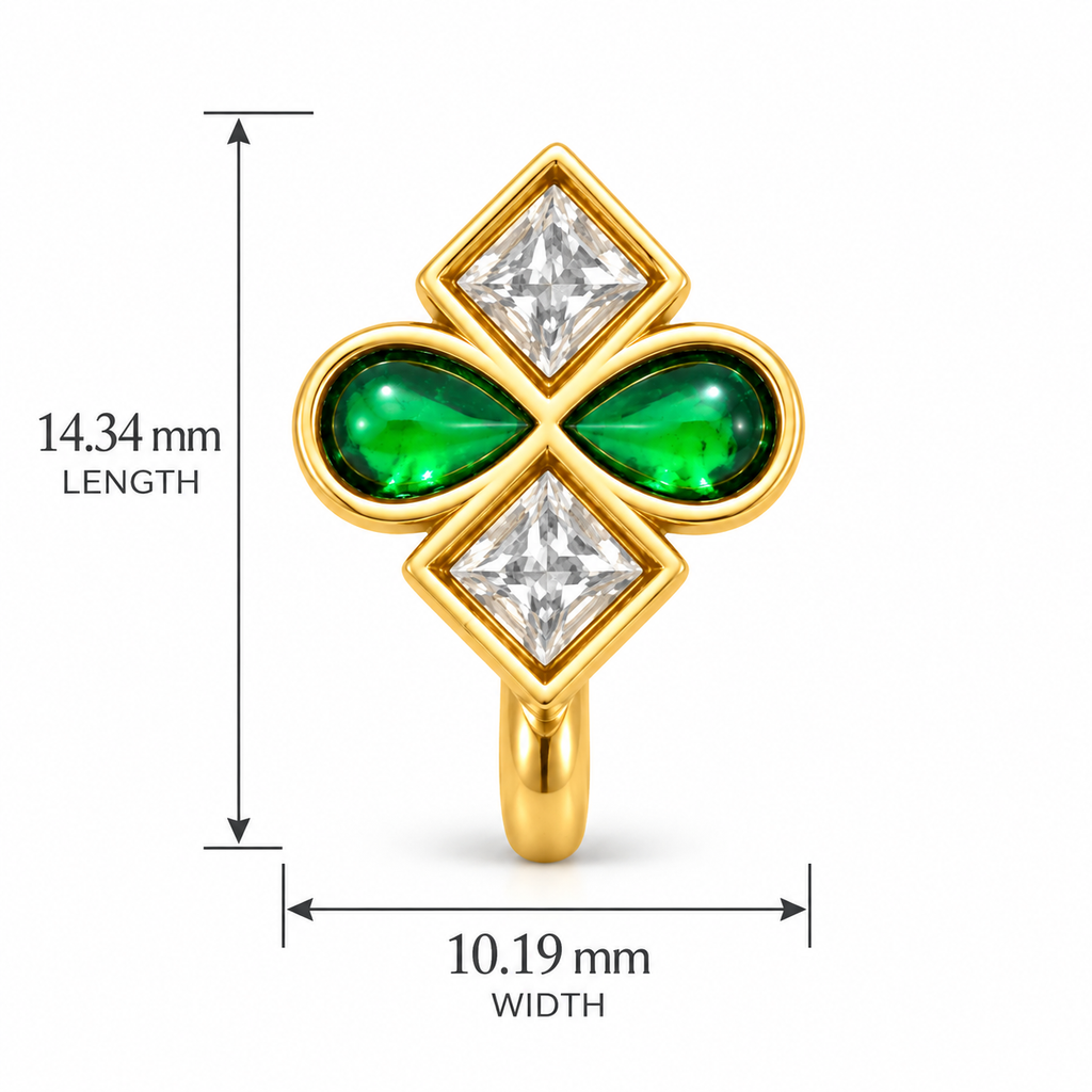 Gold Plated Brass Green & White Stone Floral Clip-On Nose Pin
