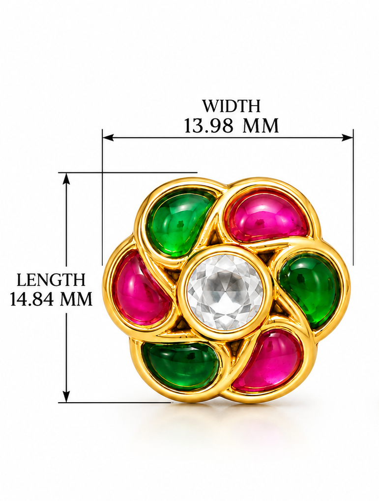 Gold Plated Brass Kundan Floral Stud Earrings with Pink & Green Stones | Traditional Indian Flower Earrings for Women