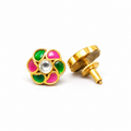 Gold Plated Brass Kundan Floral Stud Earrings with Pink & Green Stones | Traditional Indian Flower Earrings for Women