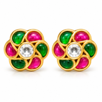 Gold Plated Brass Kundan Floral Stud Earrings with Pink & Green Stones | Traditional Indian Flower Earrings for Women