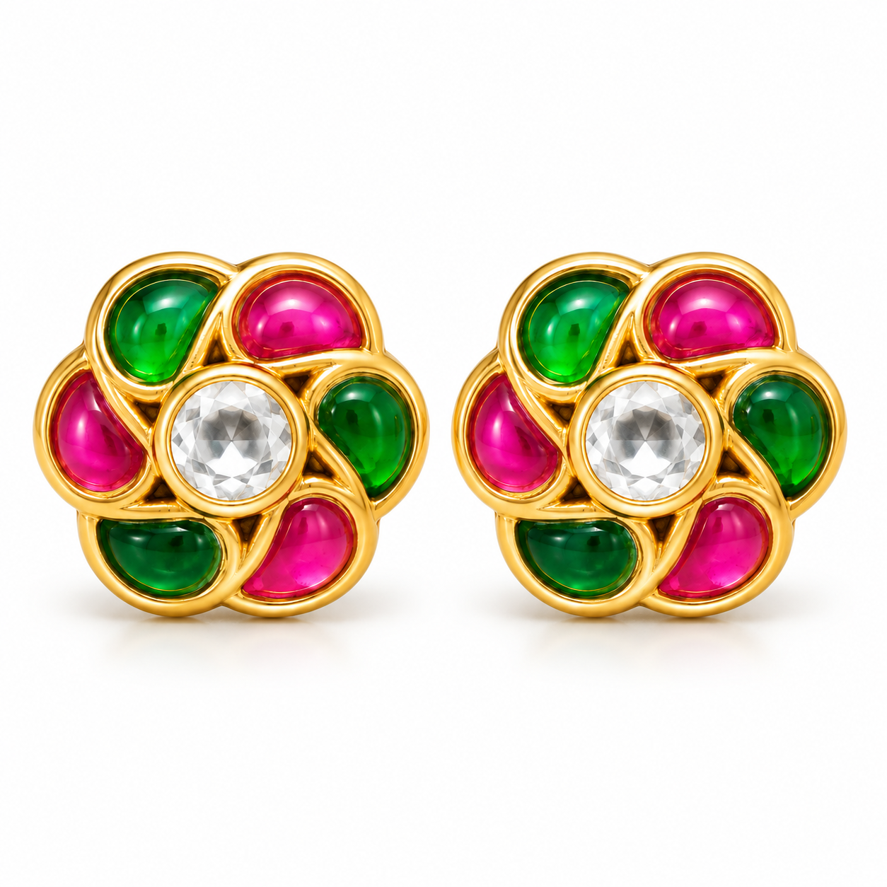 Gold Plated Brass Kundan Floral Stud Earrings with Pink & Green Stones | Traditional Indian Flower Earrings for Women