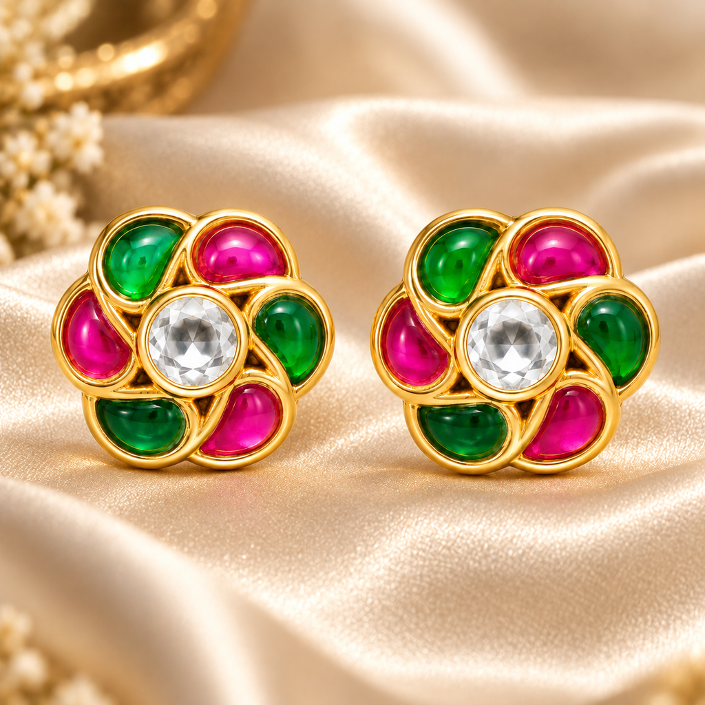 Gold Plated Brass Kundan Floral Stud Earrings with Pink & Green Stones | Traditional Indian Flower Earrings for Women