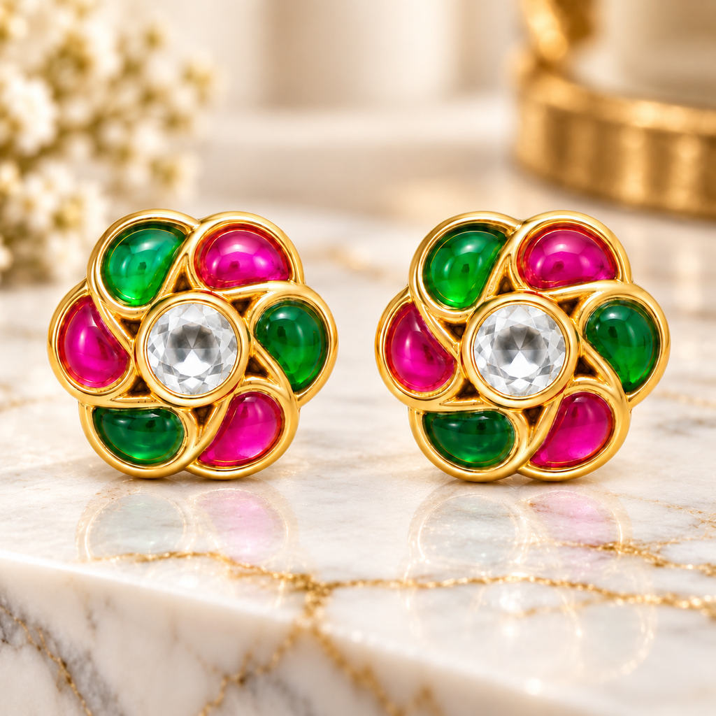 Gold Plated Brass Kundan Floral Stud Earrings with Pink & Green Stones | Traditional Indian Flower Earrings for Women
