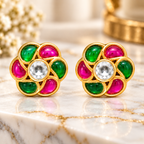 Gold Plated Brass Kundan Floral Stud Earrings with Pink & Green Stones | Traditional Indian Flower Earrings for Women