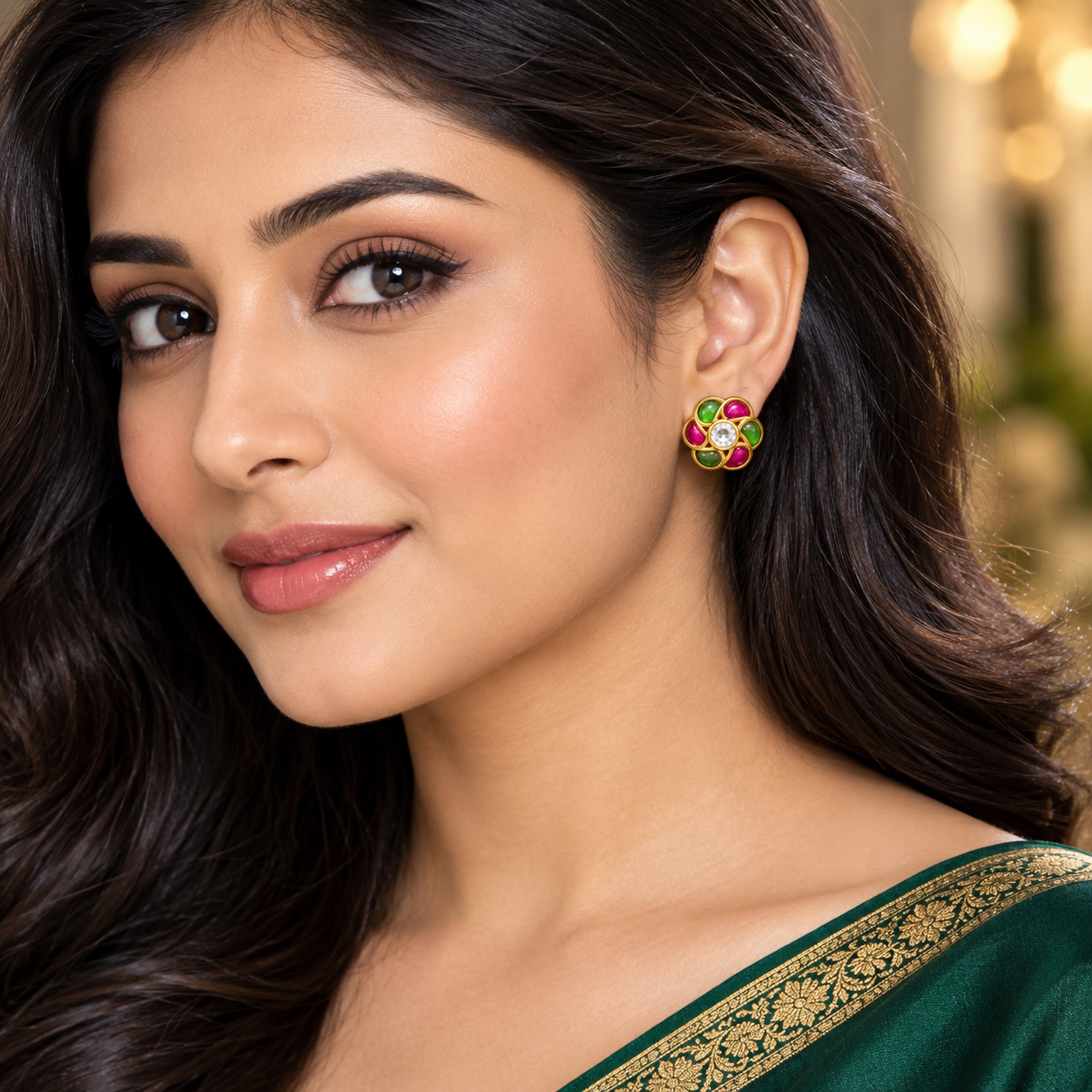 Gold Plated Brass Kundan Floral Stud Earrings with Pink & Green Stones | Traditional Indian Flower Earrings for Women