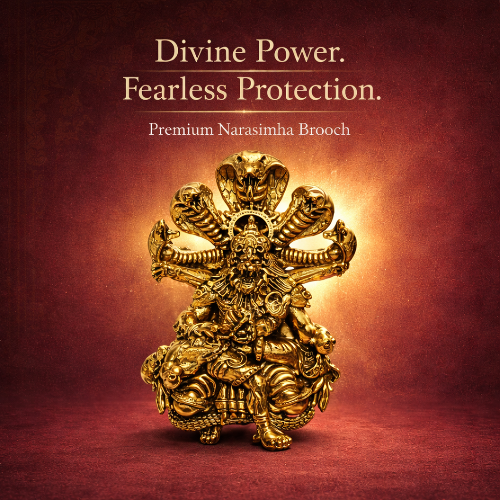 Divine Narasimha Ji Brooch – Antique Gold Plated Brass | Double Lock Secure Pin | Protection & Power Symbol Jewellery for Women & Men