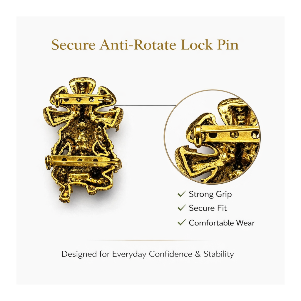 Divine Narasimha Ji Brooch – Antique Gold Plated Brass | Double Lock Secure Pin | Protection & Power Symbol Jewellery for Women & Men