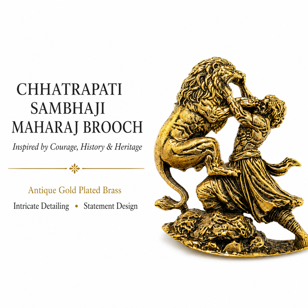 Chhatrapati Sambhaji Maharaj Lion Brooch in Antique Gold Plated Brass
