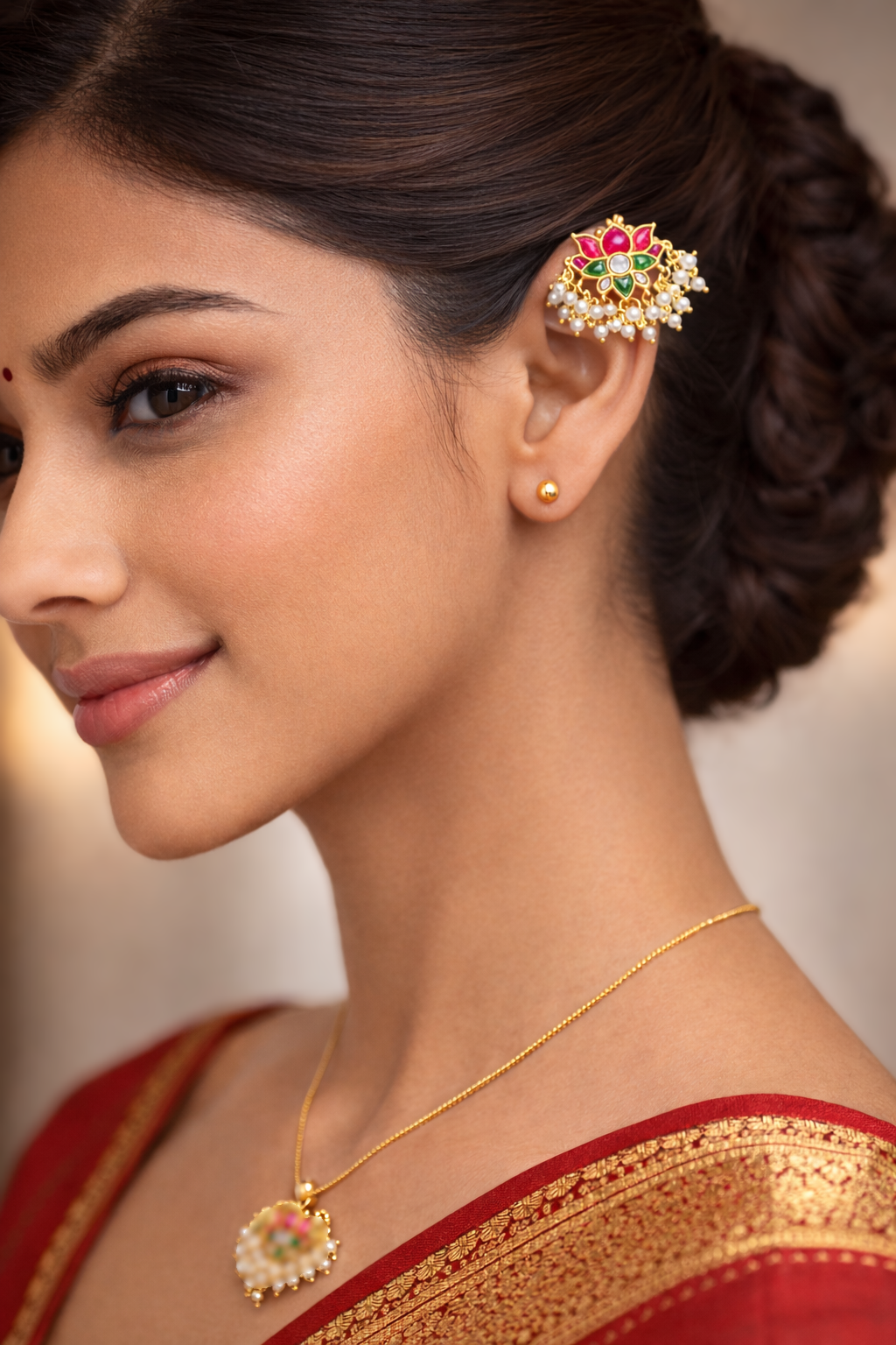 Gold Plated Kundan Pearl Floral Cuff Earrings – Traditional Indian Ethnic Jewelry