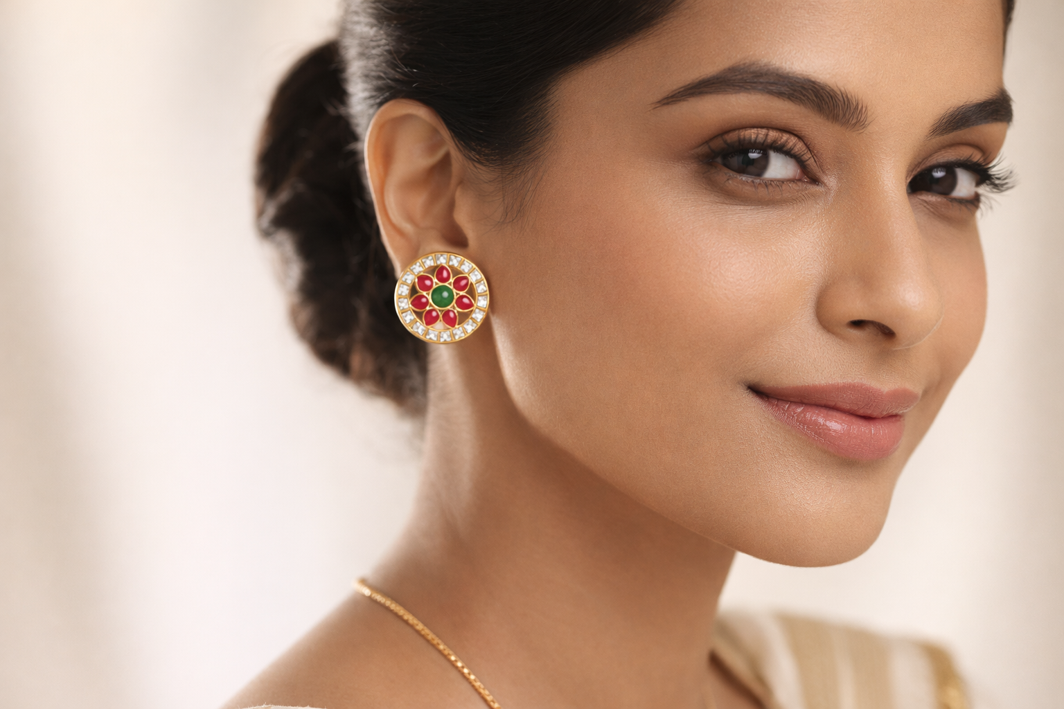 Gold Plated Brass Floral kundan  Stud Earrings with Red & Green Stones – Traditional Indian Ethnic Jewelry