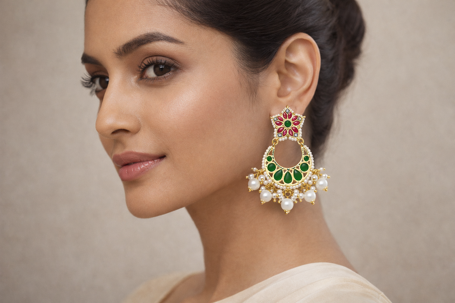 Gold Plated Kundan Chandbali Earrings with Pearl Drops for Women | Traditional Indian Wedding Jewellery | Screw Back Brass Earrings