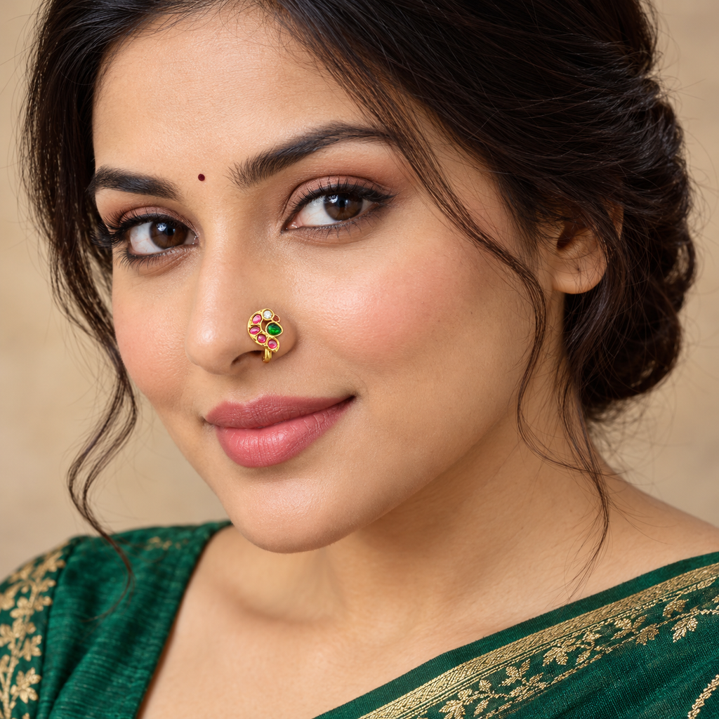Traditional Kundan Peacock Clip On Nose Pin for Women, Gold Plated Brass Non Piercing Nath, Pink Green Stone Indian Bridal Nose Ring, Ethnic Wedding Jewelry