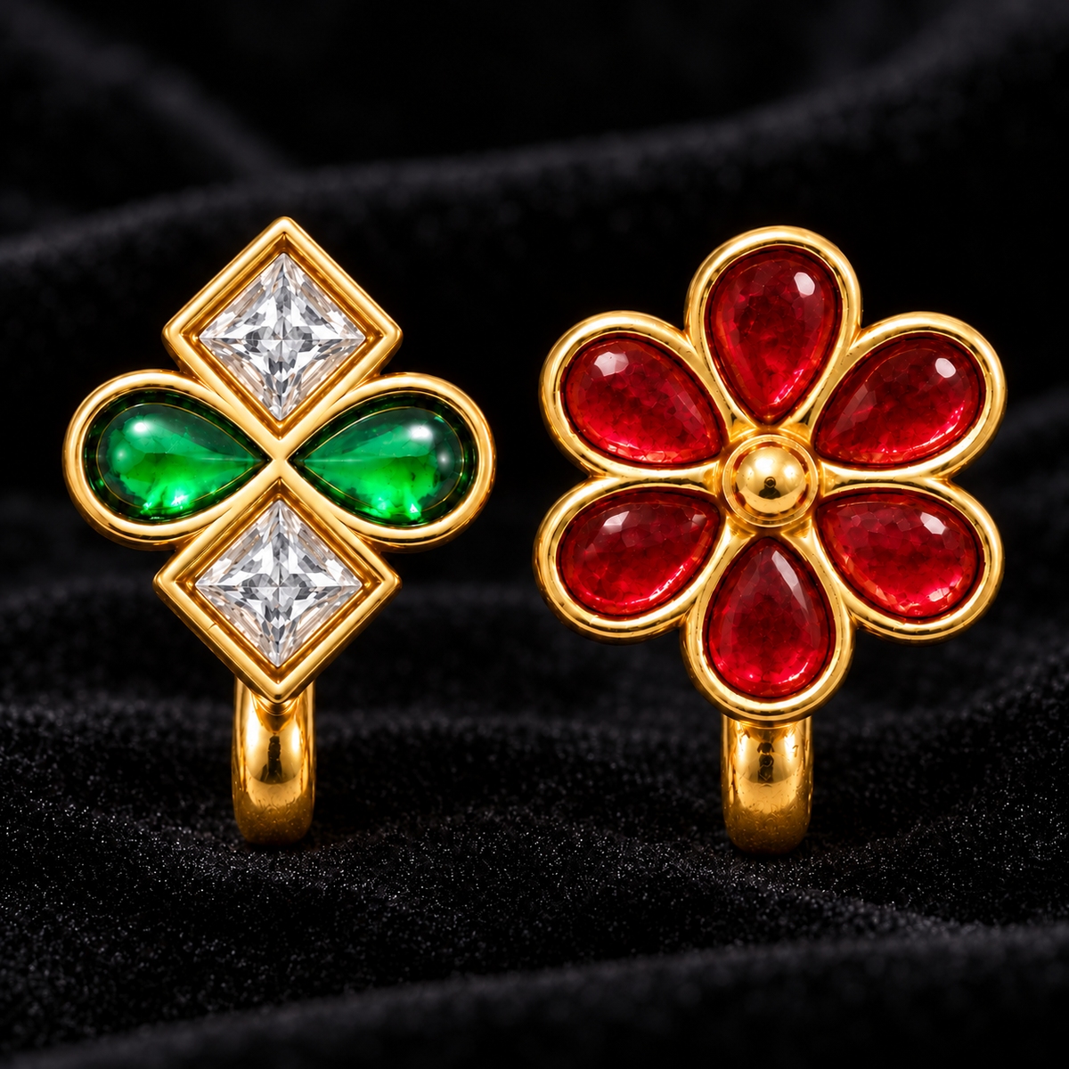 Green & White Stone Nose Pin and Red Floral Nose Pin Combo Set of 2, Gold Plated Brass Clip On Nose Pins, Non Piercing Indian Nose Jewelry