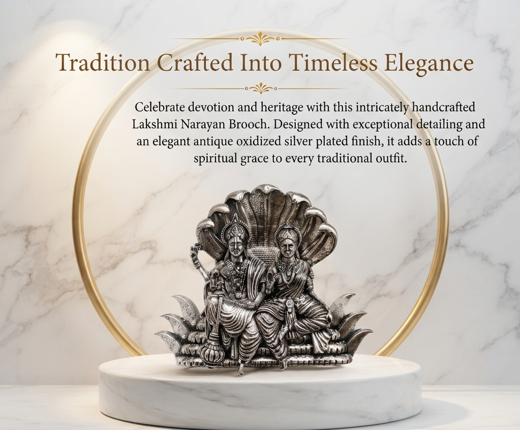 Silver Plated Brass Lakshmi Narayan Divine Brooch for Men & Women | Spiritual Temple Jewelry