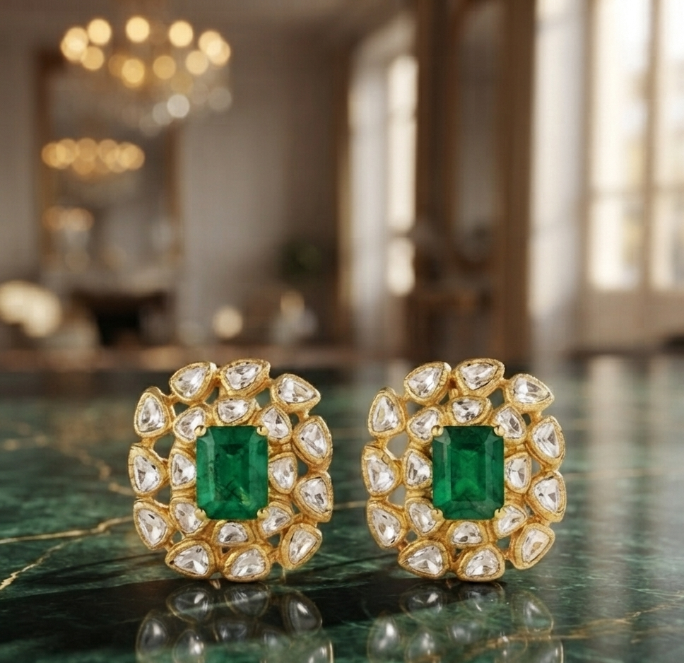 Gold Plated 925  Silver Moissanite Green Stone Stud Earrings | Elegant Floral Kundan Style Earrings for Women
