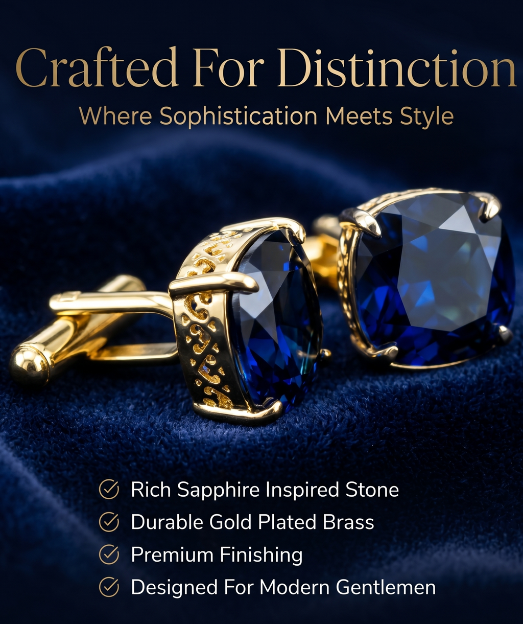 Blue Sapphire-Inspired Cufflinks for Men | Gold Plated Brass Metal Cuff Links | Premium Formal Shirt Accessories for Weddings, Business & Party Wear