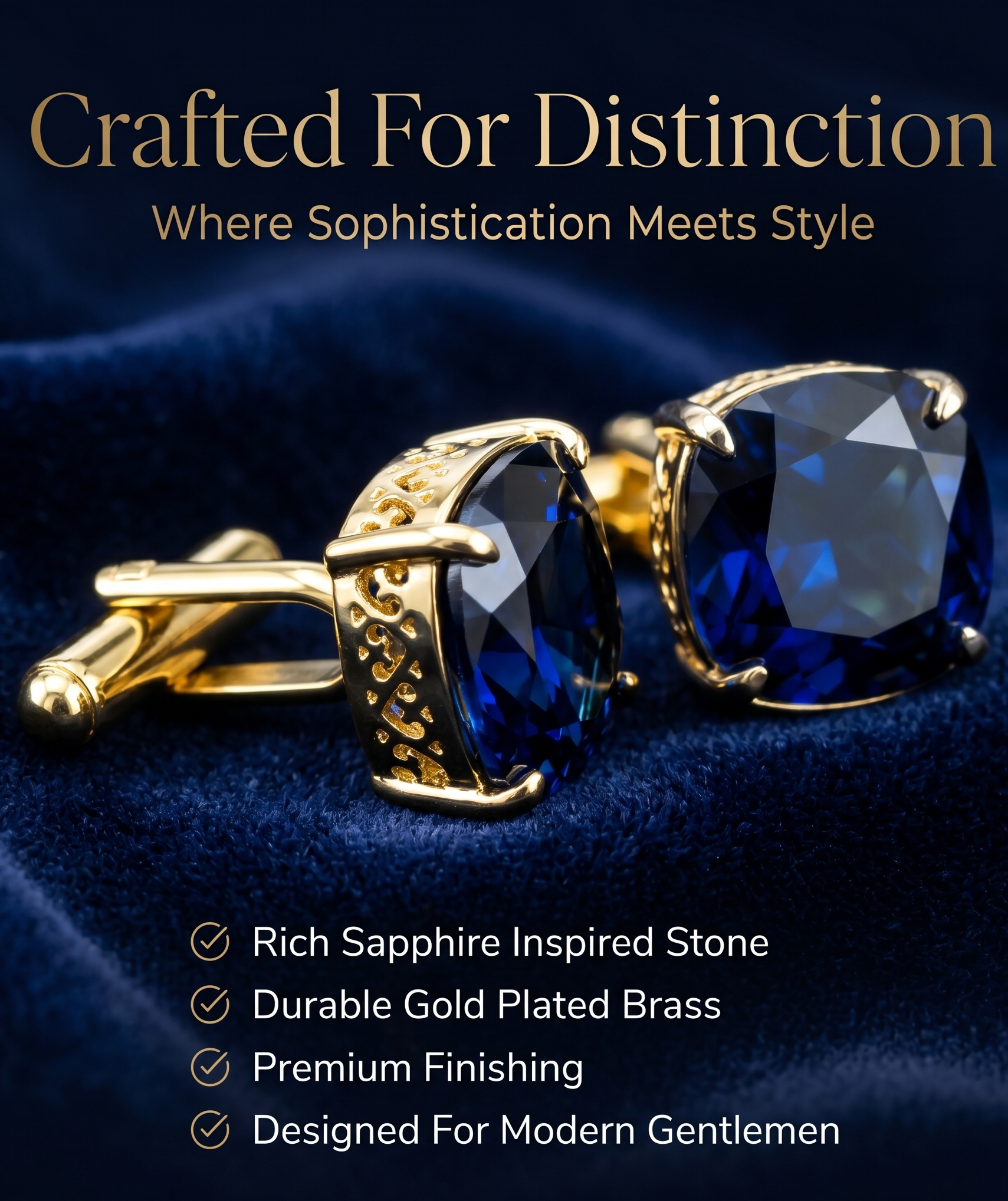 Blue Sapphire-Inspired Cufflinks for Men | Gold Plated Brass Metal Cuff Links | Premium Formal Shirt Accessories for Weddings, Business & Party Wear