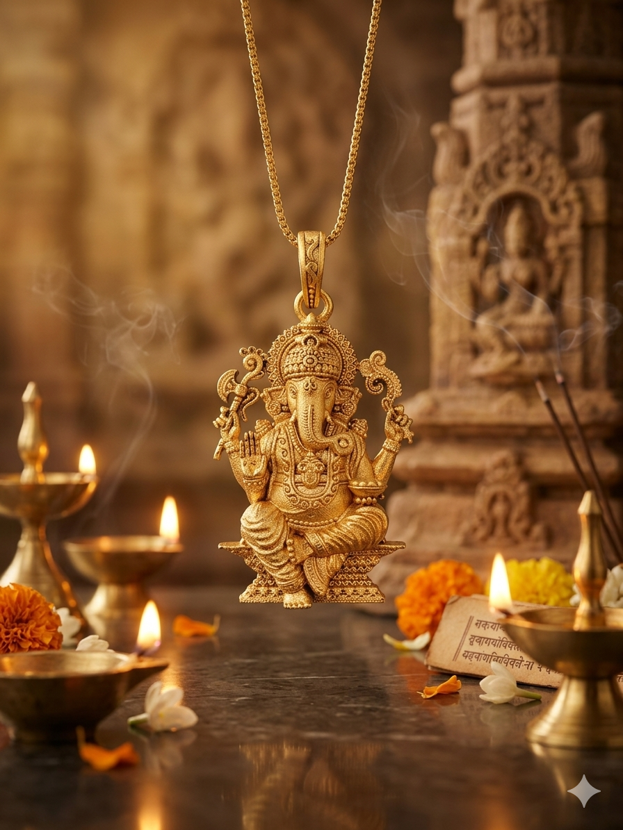Gold Plated Lord Ganesha Sitting Pendant | Antique Finish Ganpati Idol Necklace Charm | Spiritual Religious Jewelry for Men & Women