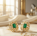 Gold Plated 925  Silver Moissanite Green Stone Stud Earrings | Elegant Floral Kundan Style Earrings for Women