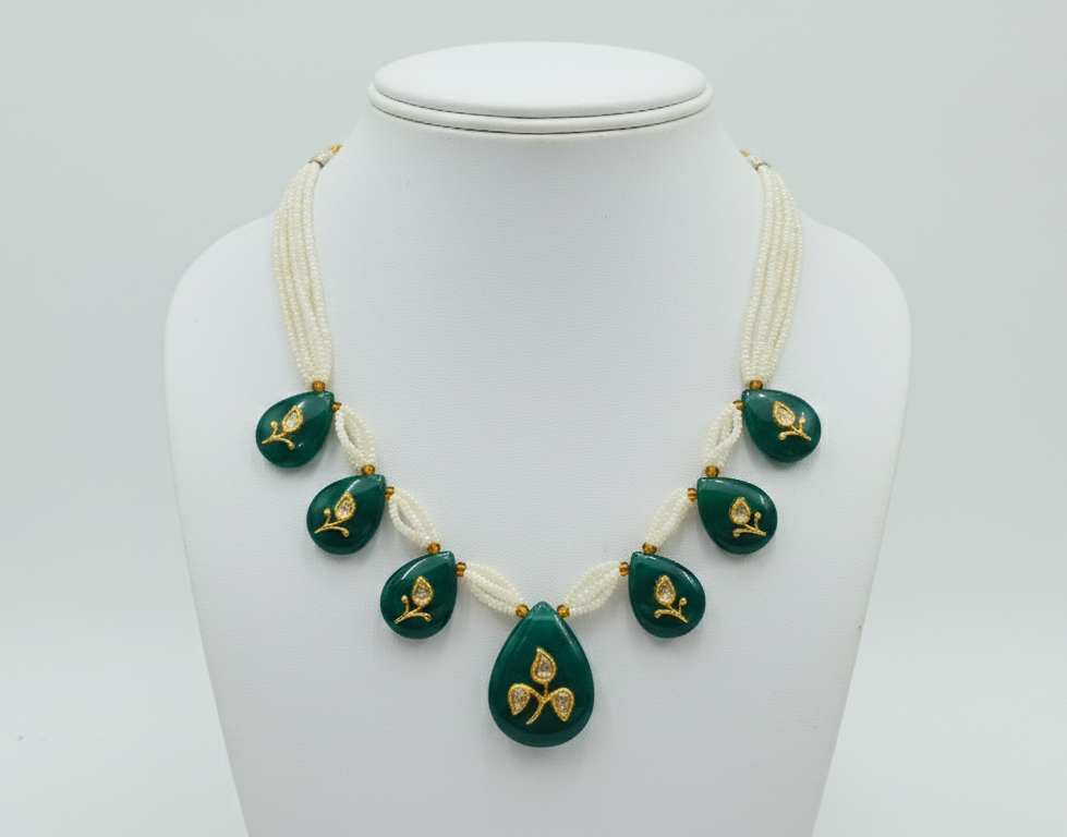 Handcrafted Green Onyx & Diamond Polki Necklace with Seed Pearl Strands – Royal Kundan Jewelry for Women