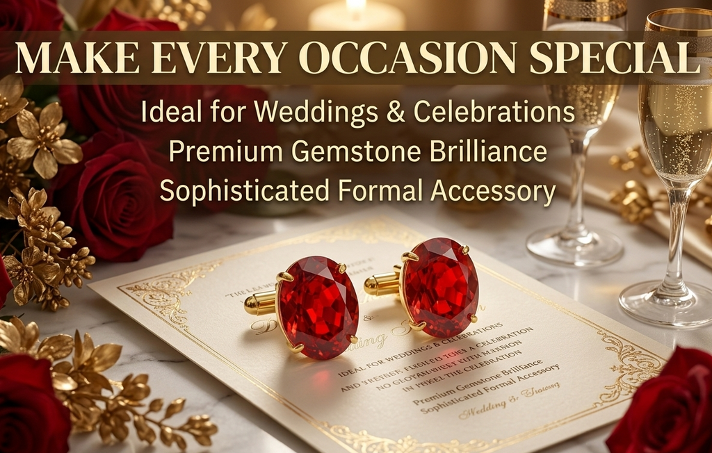 Classic Gold Plated Brass Oval Ruby Red Stone Formal Shirt Cufflinks
