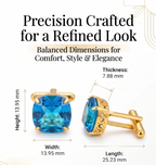 Teal Blue Crystal Stone Gold Plated Cufflinks for Men | Premium Cushion Cut Formal Shirt Cuff Links | Elegant Wedding & Party Accessories