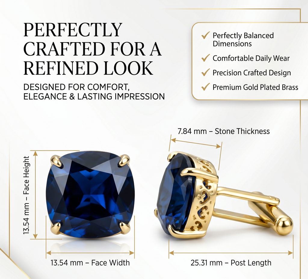 Blue Sapphire-Inspired Cufflinks for Men | Gold Plated Brass Metal Cuff Links | Premium Formal Shirt Accessories for Weddings, Business & Party Wear
