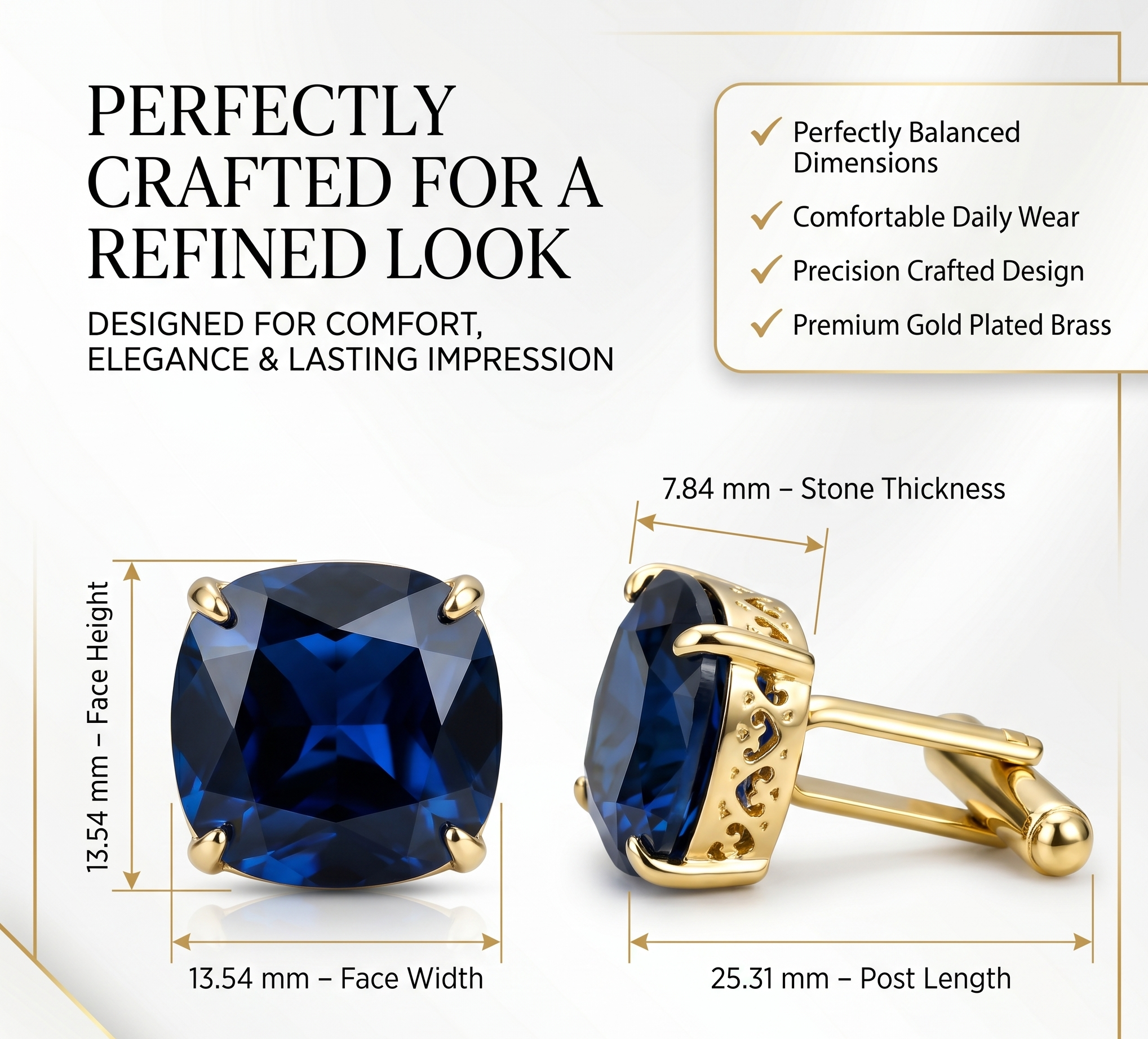 Blue Sapphire-Inspired Cufflinks for Men | Gold Plated Brass Metal Cuff Links | Premium Formal Shirt Accessories for Weddings, Business & Party Wear