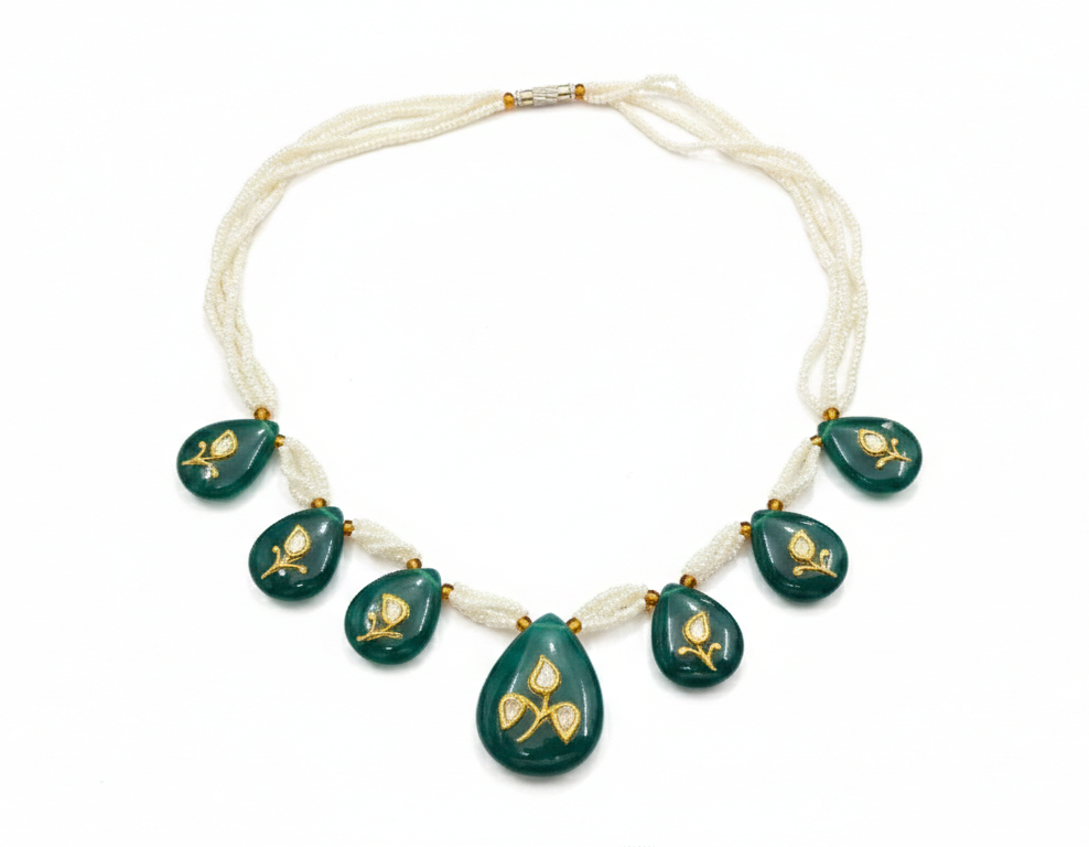 Handcrafted Green Onyx & Diamond Polki Necklace with Seed Pearl Strands – Royal Kundan Jewelry for Women