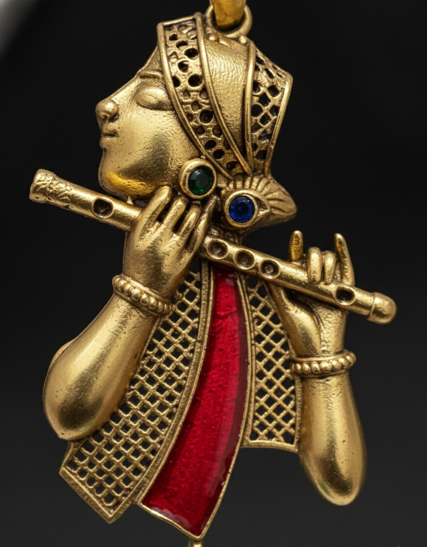 Krishna with Flute Antique Finish Gold Plated Pendant For Women And Mens