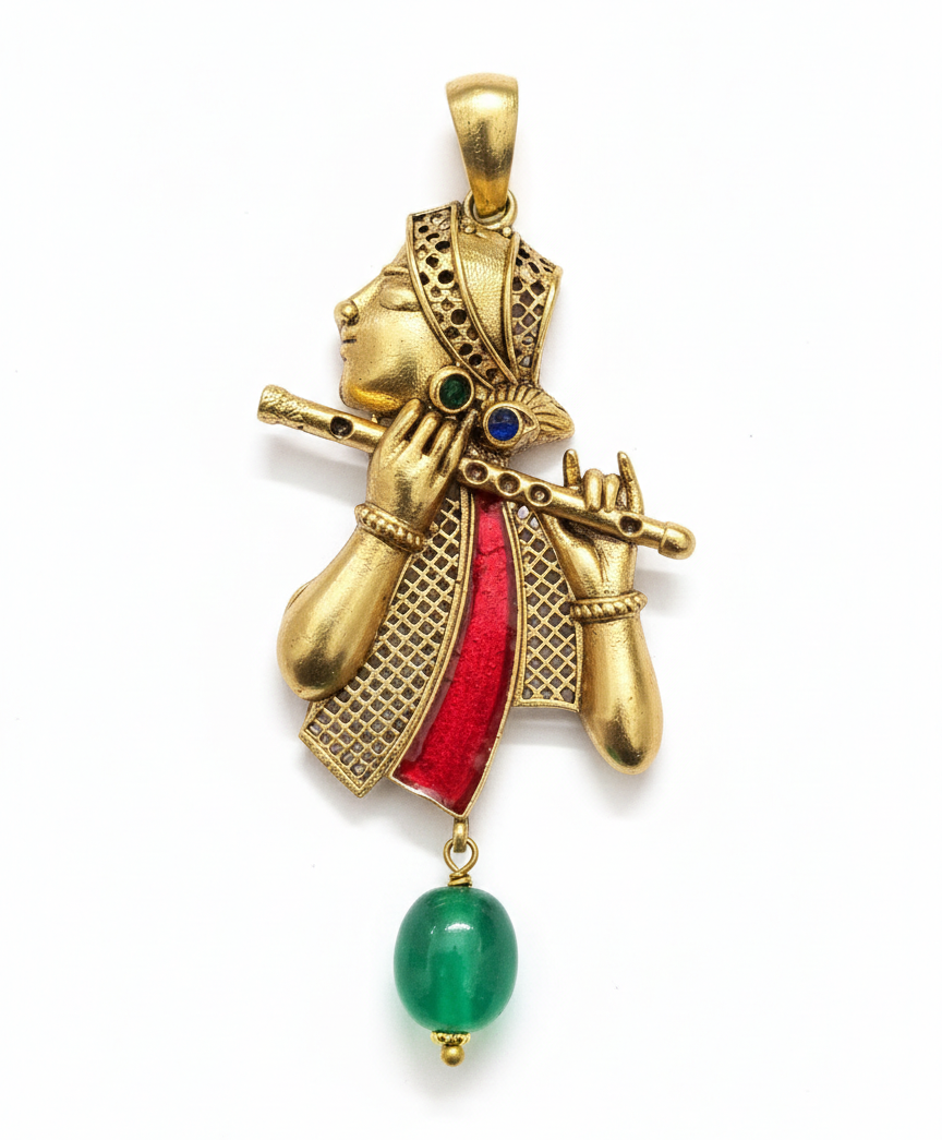 Krishna with Flute Antique Finish Gold Plated Pendant For Women And Mens