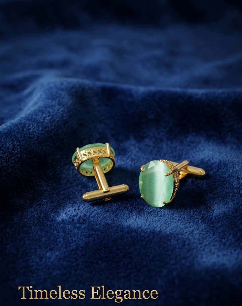 Green Cat's Eye Stone Gold-Plated Cufflinks for Men | Luxury Formal Accessories