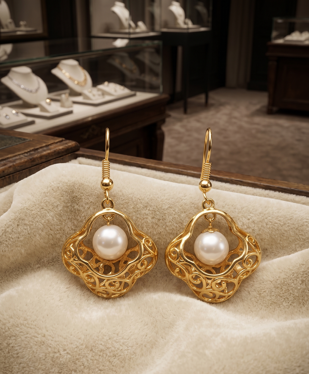 Gold Plated Brass Basket Drop Earrings with White Stone, Elegant Filigree Dangle Earrings for Women