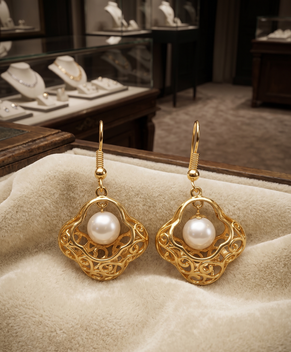 Gold Plated Brass Basket Drop Earrings with White Stone, Elegant Filigree Dangle Earrings for Women