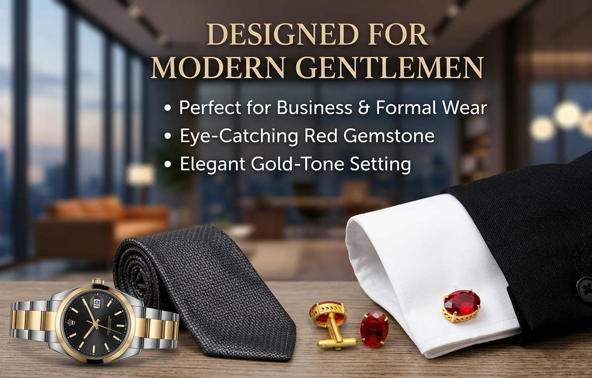 Classic Gold Plated Brass Oval Ruby Red Stone Formal Shirt Cufflinks