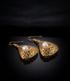 Gold Plated Brass Basket Drop Earrings with White Stone | Elegant Filigree Dangle Earrings for Women