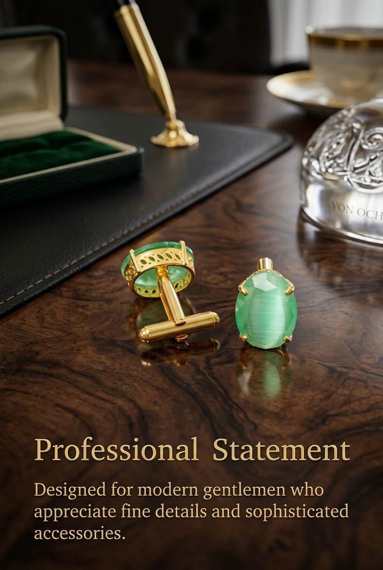 Green Cat's Eye Stone Gold-Plated Cufflinks for Men | Luxury Formal Accessories